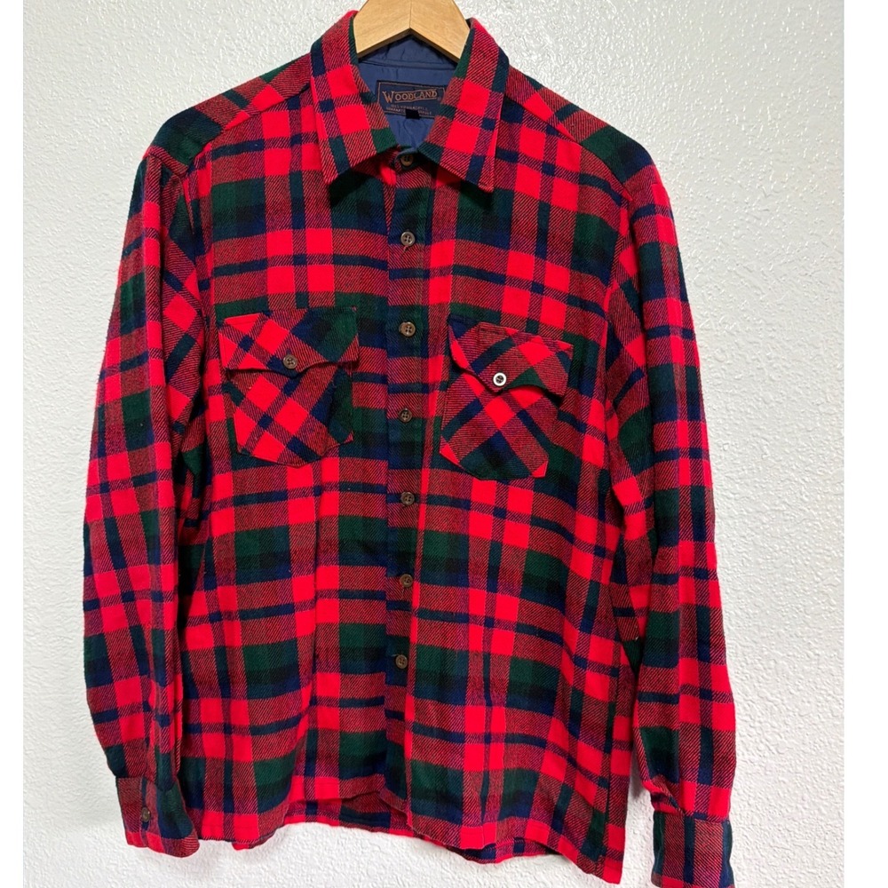 Vintage Woodland Red Green Plaid Flannel Shirt Mens Large Virgin Acrylic